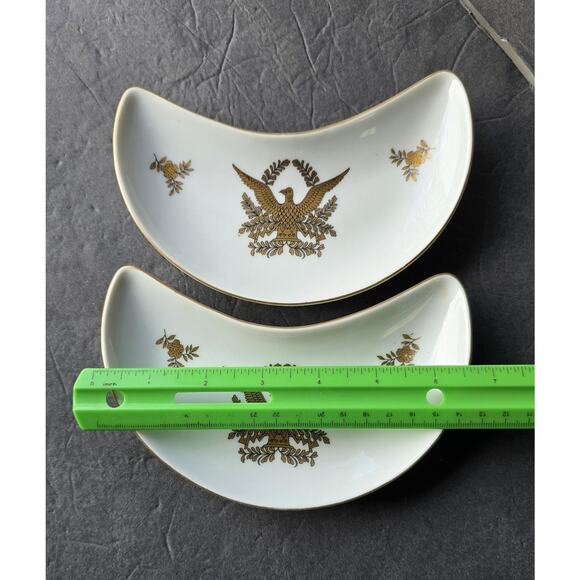Vintage Crescent Bone Dishes White Porcelain Gold Eagle Federal Style Pair - Picture 5 of 5